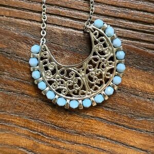 Banana Republic Artisanal crescent moon necklace, silver filigree blue beads